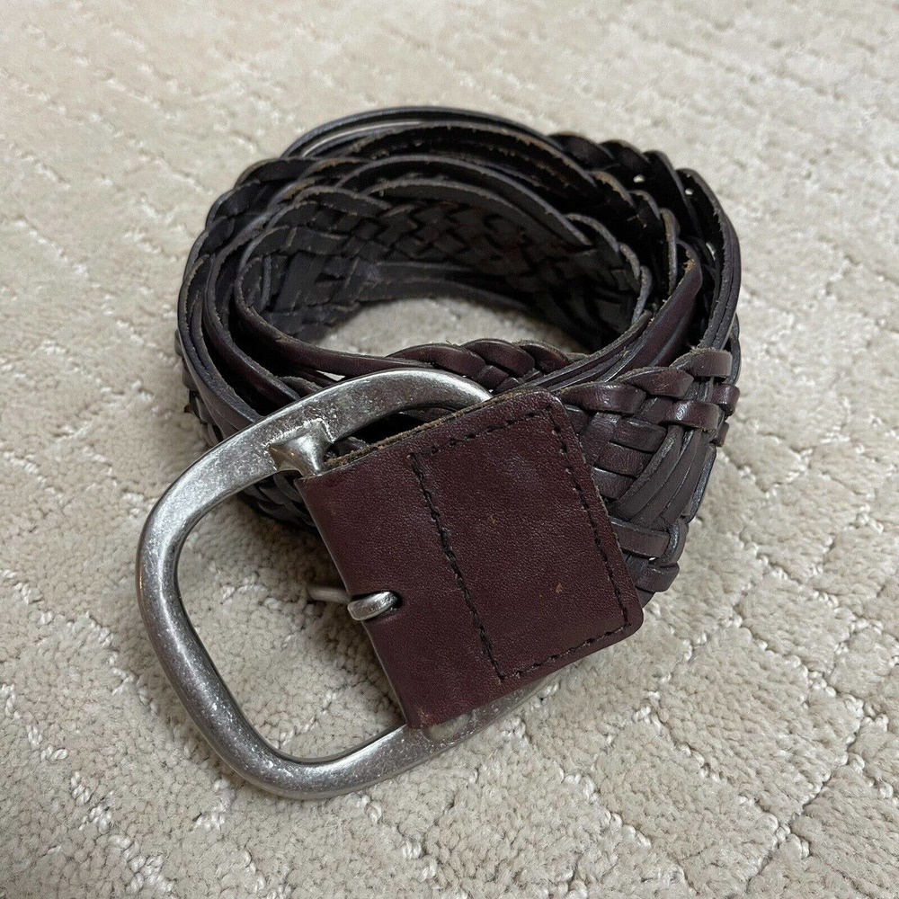 Lands End Genuine Leather Belt Brown Silver Buckle Woven Women’s Medium 30-32.5